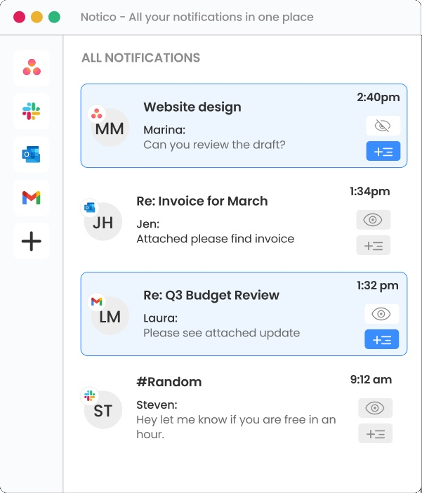 Noticue app showing a unified inbox with notifications from Asana, Slack, Outlook and Gmail, each with sender, message preview and time